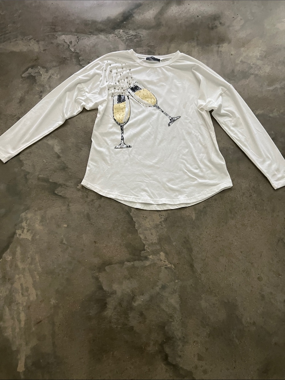 Women's White Long-Sleeve Sequin Champagne Tee